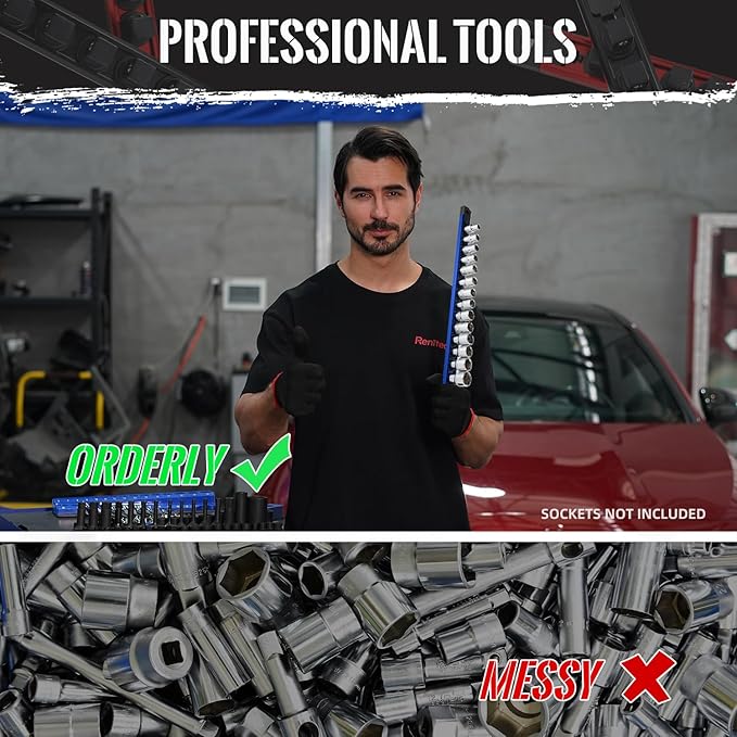 Magnetic Socket Organizer, 1-Piece Heavty Duty Aluminum Socket Holder, Socket Rail for Tool Box, Premium Quality 360° Swivel Rack with 14 Clips for 3/8-Inch(Blue)