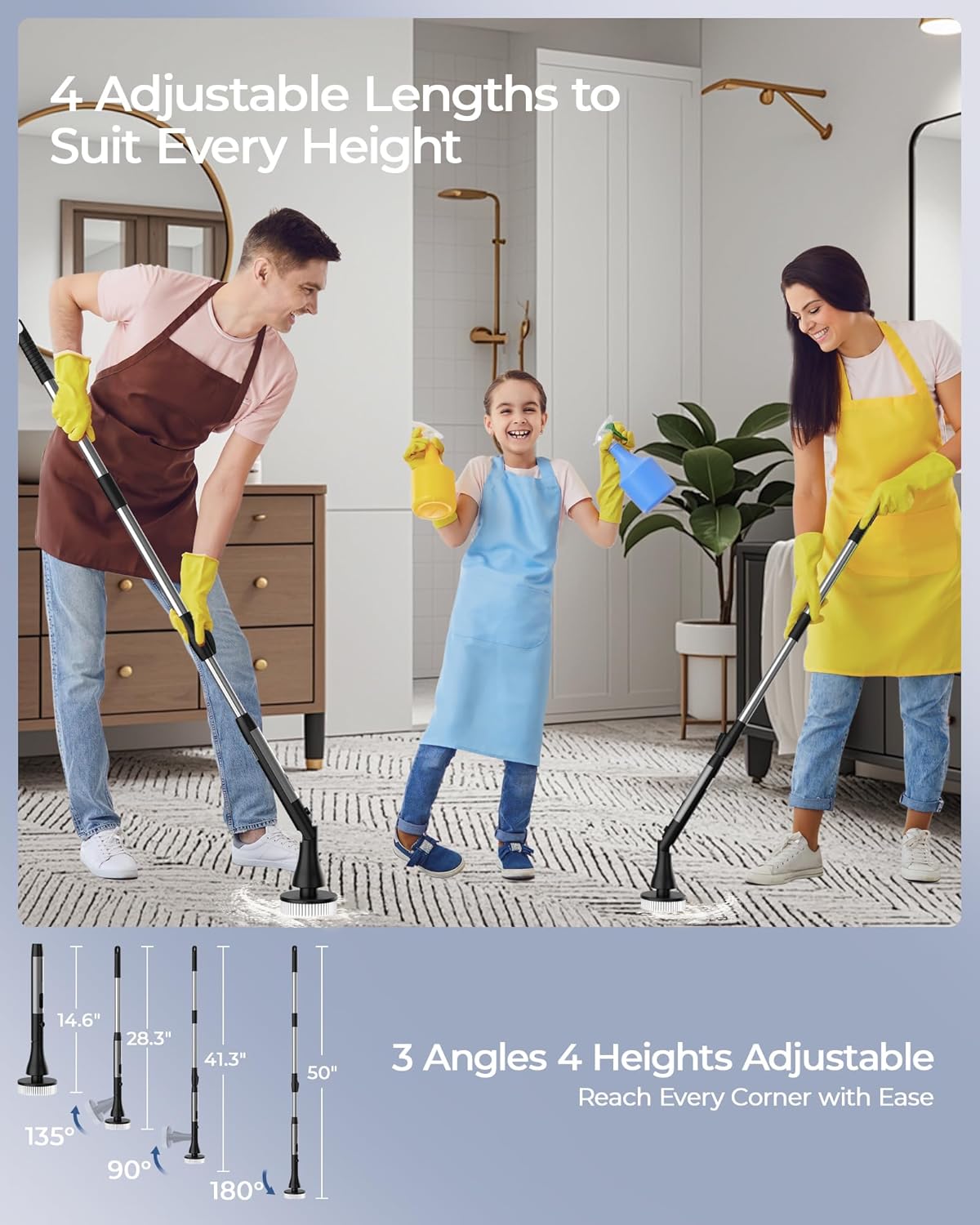 MayKing Electric Spin Scrubber with 9 Brush Heads, 3-Angle & 4-Length Adjustable Cordless Power Scrubber, 3-Speed & Battery LED Display, Electric Scrubber for Cleaning Bathroom Bathtub Floor Tiles