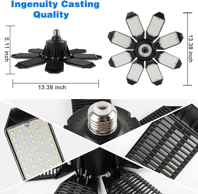 Garage Lights - 40000LM Super Bright Garage Lights Ceiling Led w/ 8 Deformable Panels Compatible for E26/E27 Screw in Socket Garage Lighting Bulb for Barn Basement Shops Attic - 2Pack