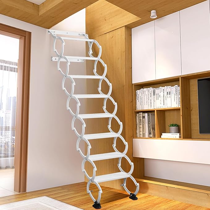8 Steps Wall Mounted Attic Ladder, Indoor Attic Stairs Pull Down System, Metal Telescoping Step Ladders, Anti-Slip Retractable Folding Stair, Loft Extension Steps Staircase (White, 8 Steps)