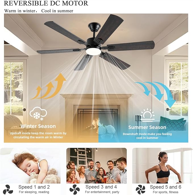 56inch Ceiling Fans with Lights and Remote/App Control, Dimmable LED, Reversible DC Motor, Noiseless, 6 Double-side blades, Modern Low Profile Ceiling Fan for Indoor/Outdoor Use (Brown)