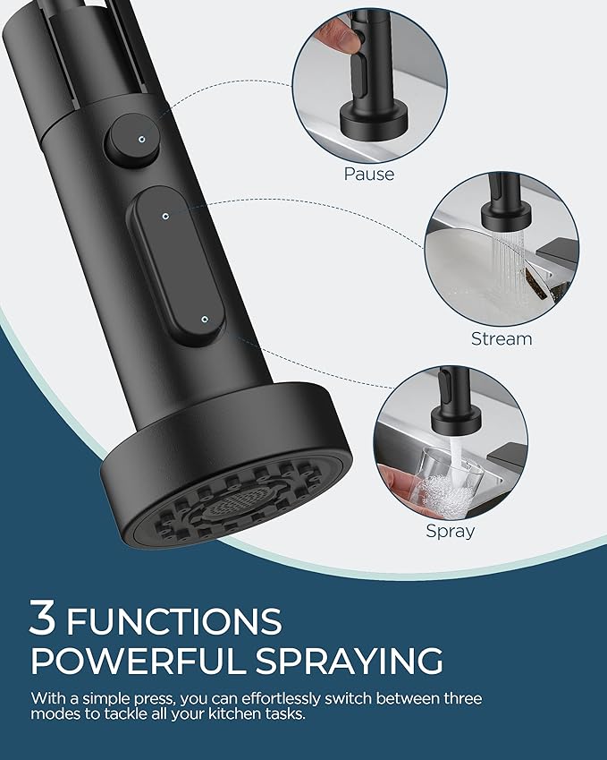 FORIOUS Black Kitchen Faucet with Soap Dispenser, Stainless Steel Single Handle Modern Spring Commercial Sink Faucet with Pull Down Sprayer for Laundry & Utility Room RV Camp Bar Farmhouse