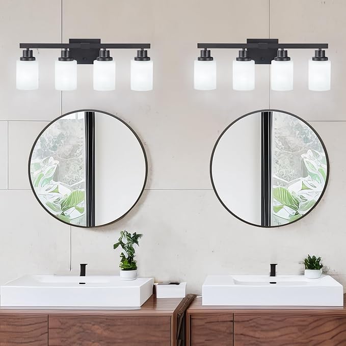 Bathroom Light Fixtures, 4-Light Matte Black Bathroom Vanity Lights with Milky White Glass Shade, Bathroom Lights Over Mirror Wall Lamp Sconces for Mirror Bedroom, Living Room Hallway