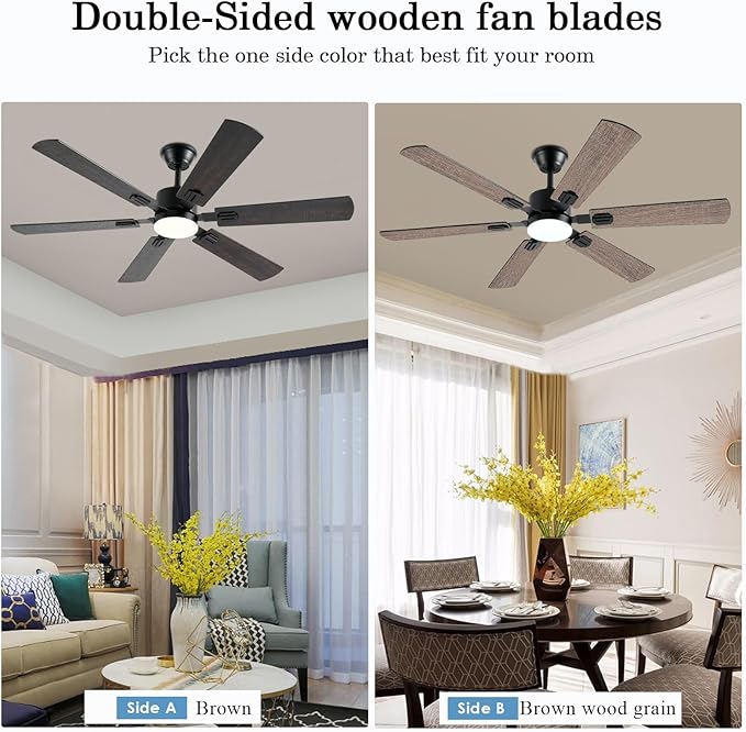 56inch Ceiling Fans with Lights and Remote/App Control, Dimmable LED, Reversible DC Motor, Noiseless, 6 Double-side blades, Modern Low Profile Ceiling Fan for Indoor/Outdoor Use (Brown)
