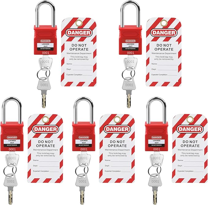 Lockout Tagout Locks - 5 Pack Red Loto Locks with Tags, Keyed Alike Padlock OSHA Compliant Lock Out Tag Out Lock, Safety Padlocks for Electrical Lockout Tag Out Kits