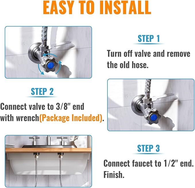 (2 Pack) SUNGATOR 20 Inch Faucet Supply Lines, 3/8" Female Comp Thread x 1/2" FIP Thread Sink Hose, 20" Stainless Steel Braided Faucet Supply Line for Bathroom, with 2 Wrenches and 1 Sealing Tape