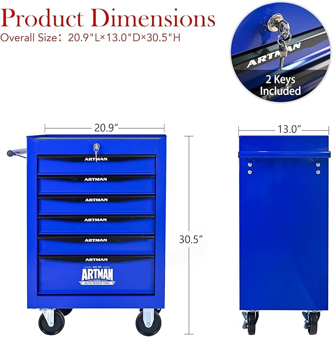 6-Drawer Steel Rolling Tool Cart with Wheels & Handle, Heavy-Duty Tool Chest Storage Cabinet for Garage and Workshop