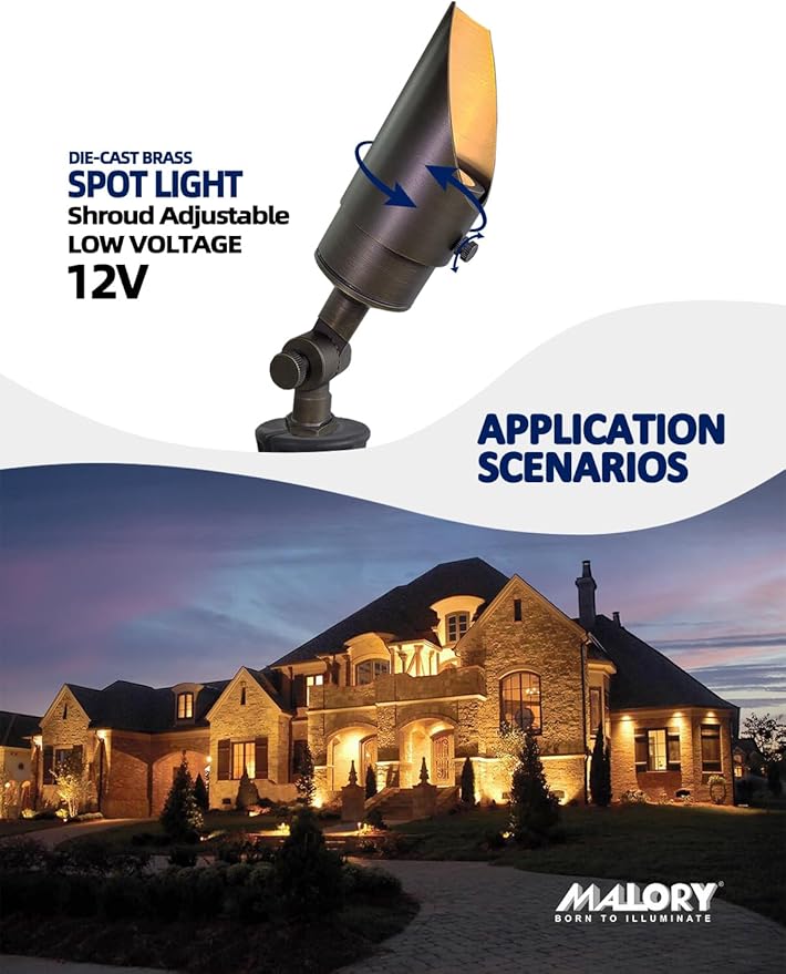 MALORY Brass Landscape Spotlight 1-Pack with MR16 Bulb Kit(S04), Low Voltage 12V AC/DC Shroud Adjustable Outside Yard Lighting,PVC Ground Stake and Wire Connector Included, 5W 2700K Warm White