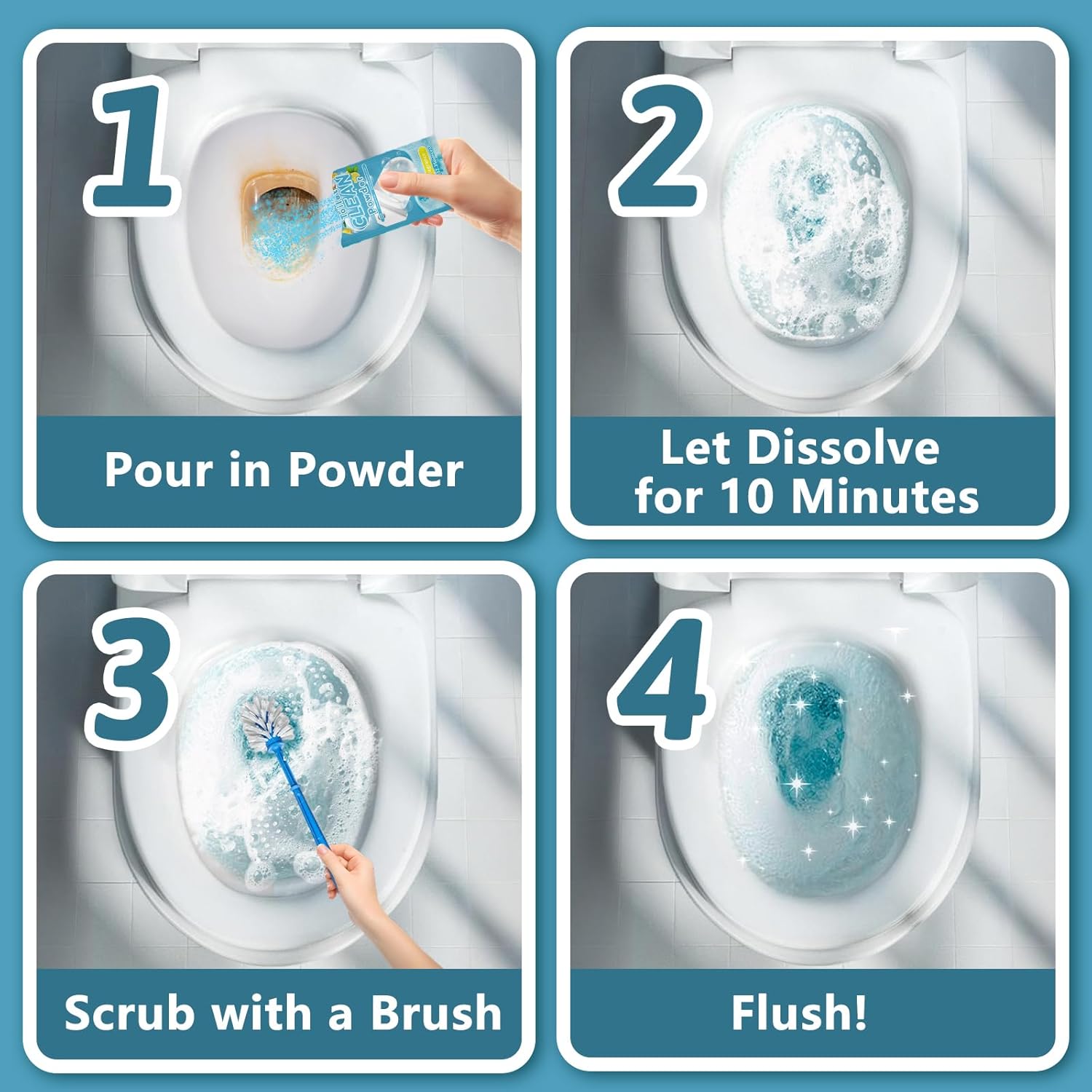 Toilet Bowl Cleaner Powder - Self-Activating Toilet Cleaner for Stubborn Stains & Limescale, Deep Cleaning Foam with Lemon Fragrance, Safe Toilet Cleaning Supplies (4 Packs × 3 oz)