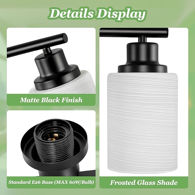 6-Light Bathroom Light Fixtures, Vanity Lights for Mirror with Textured Milky White Glass Shade, E26 Base Modern Kitchen Light Fixtures Wall Sconce Light - Black