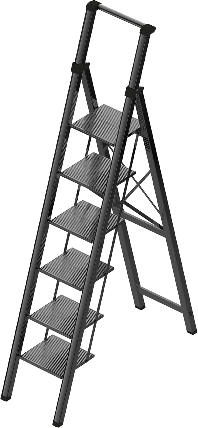 6 Step Ladder, Portable Step Ladder with Handrails, Folding Step Stool for Adult, Aluminum Step Ladder for Closet, Kitchen, Outdoor, 330LBS - Black