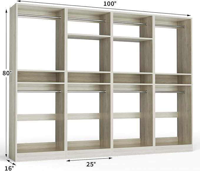 Unikito 100” Closet System, 8.3FT Wood Closet Storage Organizer with 8 Hanging Rods, Adjustable Large Walk in Wardrobe Closet Tower, Sturdy Clothes Garment Rack, Easy Assembly, Set of 4, White Oak