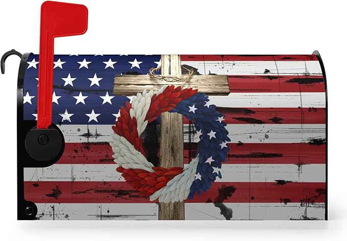 4th of July Patriotic Mailbox Cover Magnetic American Flag Independence Day Mailbox Covers Standard Size 21 x 18 in Blue Red Stars Wreath Post Box Wraps for Garden Yard Decor