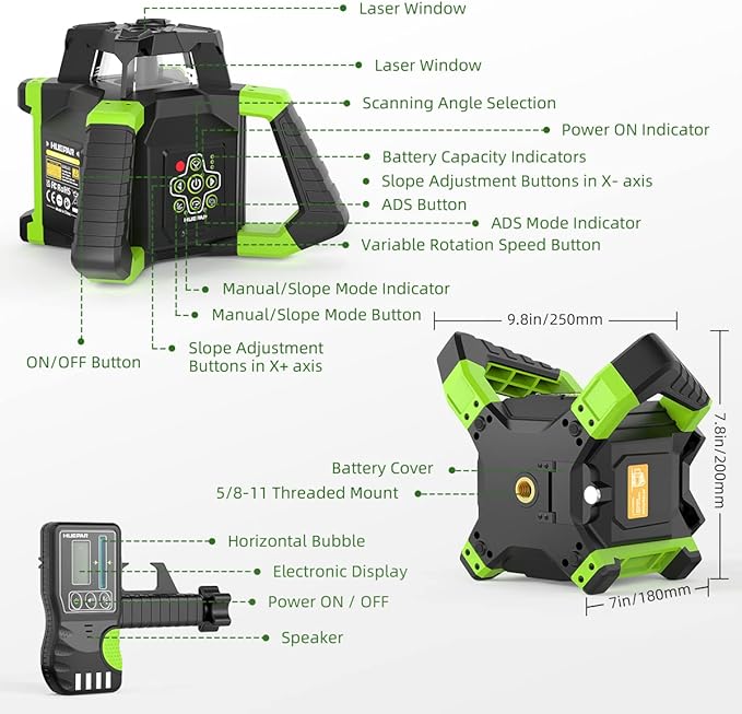 Huepar Electronic Green Rotary Laser Level + Plumb Points, Self-Leveling Horizontal/Vertical Rotary Laser Kit 800M W/Goggles, Receiver, Target Plate, Remote Control, Li-ion Battery & 5V2A Adapter