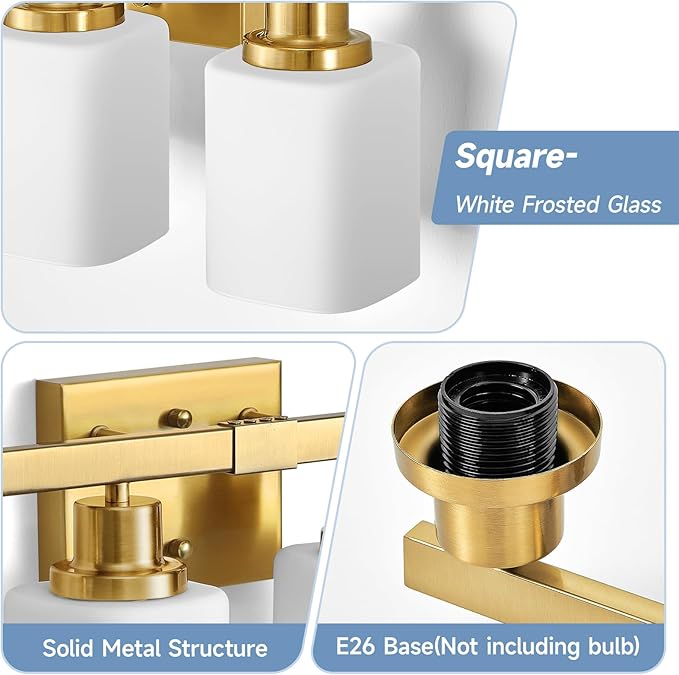 Brushed Gold Bathroom Vanity Light,4-Light Bathroom Light Fixtures with Square Frosted Glass,Gold Bathroom Wall Lamp Sconces for Mirror Bedroom,Living Room Hallway,E26