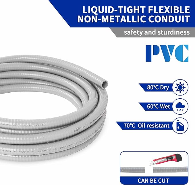 (1/2" Dia * 25 Feet) Yariwiz Flexible Electrical Conduit Liquid Tight PVC Conduit Kit with 3 PCS Coupling, 3 PCS Elbow and 7 PCS Strap, Sealtight Seal Flex Liquidtight Wire Outdoor Non Metallic Grey