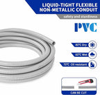 (1/2" Dia * 25 Feet) Yariwiz Flexible Electrical Conduit Liquid Tight PVC Conduit Kit with 3 PCS Coupling, 3 PCS Elbow and 7 PCS Strap, Sealtight Seal Flex Liquidtight Wire Outdoor Non Metallic Grey