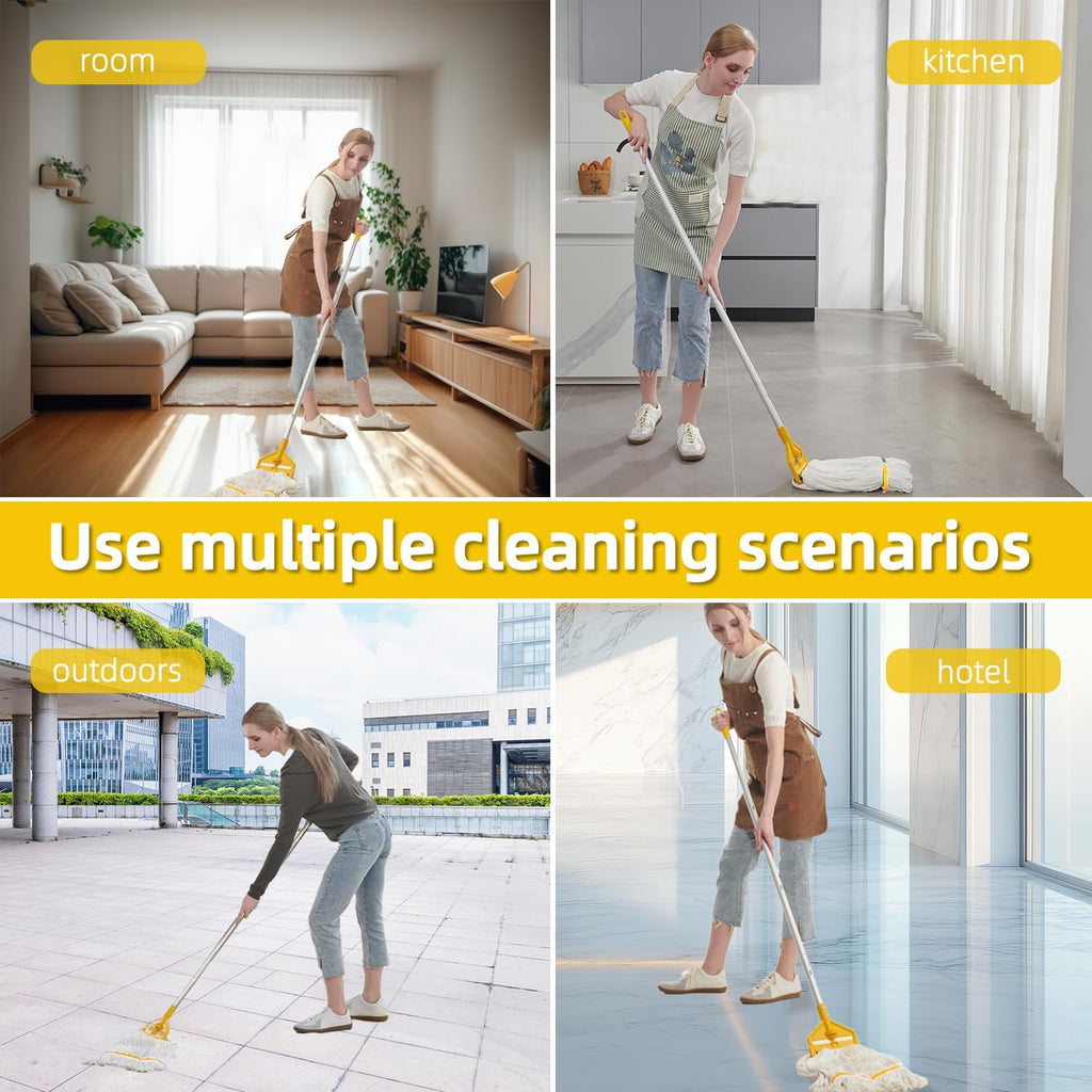 Industrial Heavy Duty Cotton Mop with Two Loop-End String Wet Mop Head,59" Long Handle Looped-End String Wet Cotton Mops for Floor Cleaning