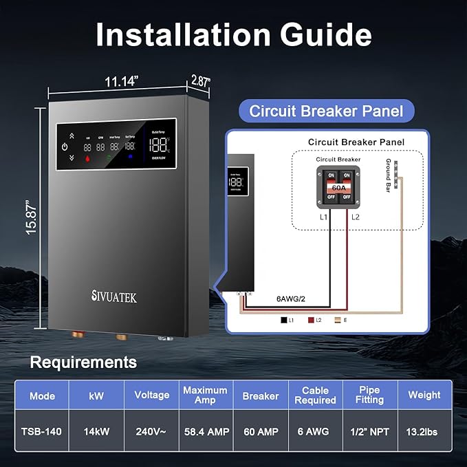 14kW Tankless Water Heater Electric, SIVUATEK 240V Instant On-Demand Hot Water Heater, 2 Point of Use, Self-Modulating, ETL Certified, Endless Water Supply for Home