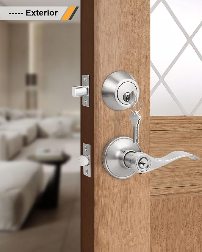 Keyed Alike Front Door Exterior Door Lever Lockset with Single Cylinder Deadbolt Combination Set, Door Knob with Lock and Deadbolt, Satin Nickel Finished, 1Pack