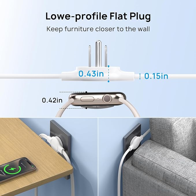 TROND Split Extension Cord Power Strip, Twin 10ft on Each Side, Low-Profile Flat Plug, Dual 3 Outlet Extender Cubes, 3 Prong Ground, 16 Gauge, Ideal for Behind TV Stand Sofa Headboard, Indoor, White