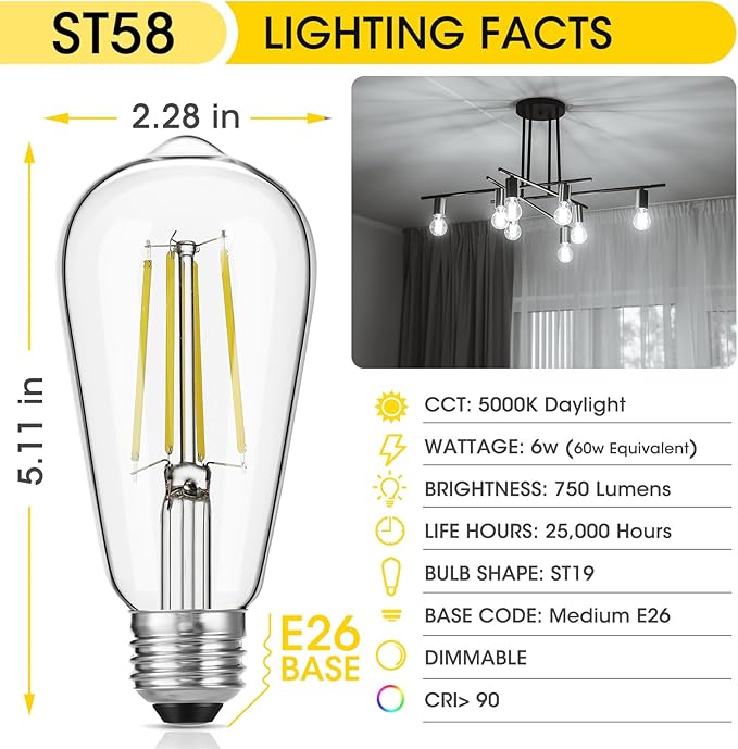 Dimmable Vintage LED Edison Bulbs, 6W, Equivalent 60W, 750lm, Daylight 5000K, 90+ CRI, ST58 Antique LED Filament Bulbs, E26 Medium Base, Clear Glass, Pack of 12