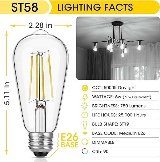 LED Edison Bulbs, 60W Equivalent ST19, Efficient 6W LED, E26 Medium Base Light Bulbs, High Brightness 750 Lumens, 5000K Daylight, Clear, Pack of 4