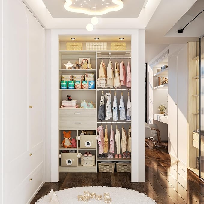 Small Closet System - 5FT Closet Organizer System with Wooden Drawers, 60 Inches Walk In Closet System With 5 Hanging Rods, Can Fit 1.58 to 6.8 FT with Reversible Hanging Shelving, Greige Oak