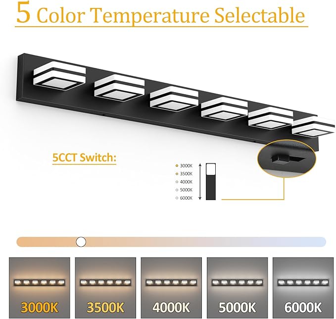 Ralbay 5 Color Temperature Black Bathroom Vanity Lights Fixtures Dimmable 40.4inch Acrylic Modern Matte Black Vanity Light for Bathroom 6 Lights