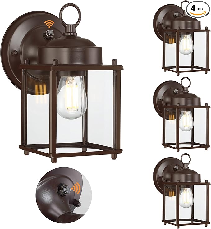 GRUENLICH Dusk to Dawn Outdoor Wall Lantern, Exterior Wall Sconce Light Fixture, Outside Porch Lighting with Clear Glass for House, Patio, Bronze, 4 Pack