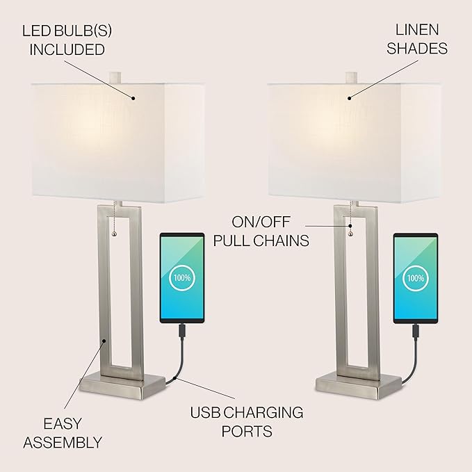 JONATHAN Y JYL1126B-SET2 Sabrina 28.5" Vintage Industrial Iron LED Table Lamp with Pull-Chain and USB Charging Port Mid-Century, Minimalist Bedside Desk Nightstand Lamp, Nickel (Set of 2)