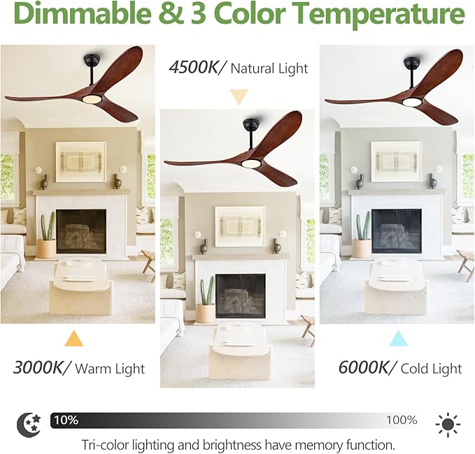 60 Inch Ceiling Fan with Lights,3CCT,Dimmable Mordern Wood Ceiling Fan with Remote for Indoor Farmhouse Bedroom Living Room Outdoor Patio Porch, Reversible DC Motor, Noiseless,Dark Walnut