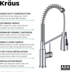 KRAUS Coda Commercial Style 2-Function Single Handle Pull Down Kitchen Faucet in Spot-Free Stainless Steel, KPF-1617SFS