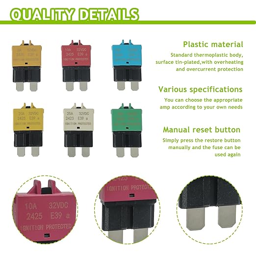5A 10A 15A 20A 25A 30A DC 12V-32V Manual Reset Circuit Breaker ATC/ATO Low Profile T3 Mini Blade Fuses Breakers for Car Trucks Marine Boat RV Solar and More,2 Pack