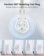 SURAIELEC 6FT Flat Extension Cord with 360° Rotating Plug, Braided Flat Plug with 3 Outlets, 16 AWG Thin White Extension Cord for Indoor Use, Home, Office, Compact Spaces, ETL Listed