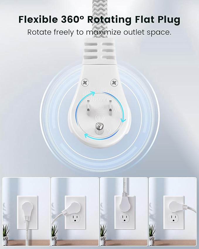 SURAIELEC 6FT Flat Extension Cord with 360° Rotating Plug, Braided Flat Plug with 3 Outlets, 16 AWG Thin White Extension Cord for Indoor Use, Home, Office, Compact Spaces, ETL Listed