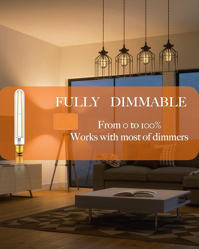 Long T10 LED Bulb, 7.3in Vintage Edison Dimmable Bulb 6W 2700K Warm White Tubular Bulbs, E26 Medium Base Clear 600LM 60W Equivalent for Cylinder Pendant Wall Sconces Chandelier Vanity 6Pack
