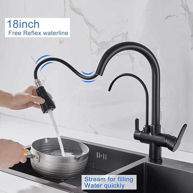 MENATT Commercial 3 in 1 Drinking Water Faucet, High Arc Water Filter Purifier Kitchen Faucets, Dual Handle Pull Out Kitchen Sink Faucet (Matte Black)
