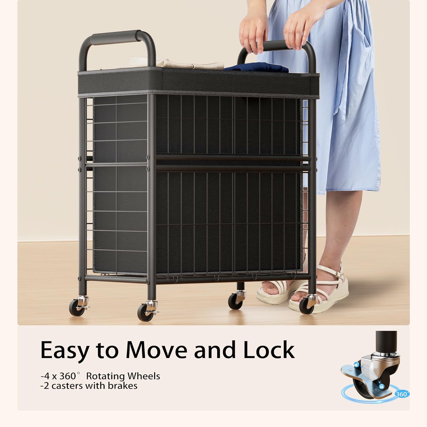 Laundry Hamper 2 Section, 110L Rolling Laundry Sorter Basket with Wheels, 2 Compartment Clothes Organizer Cart, Pull-Out Removable Bags for Laundry Room, Bathroom, Bedroom, Black