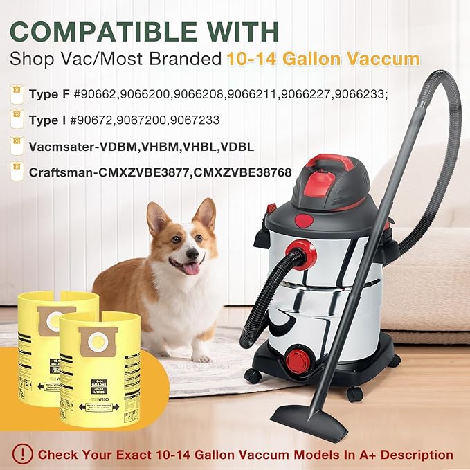 10PCS 10-14 Gallon Vacuum Bags for Shop Vac Bags, Disposable Wet Dry Vaccum Collection Bags Replace Part Type I #90672 9067200, Type F #90662 9066200 9066233, VF2005 (Yellow)