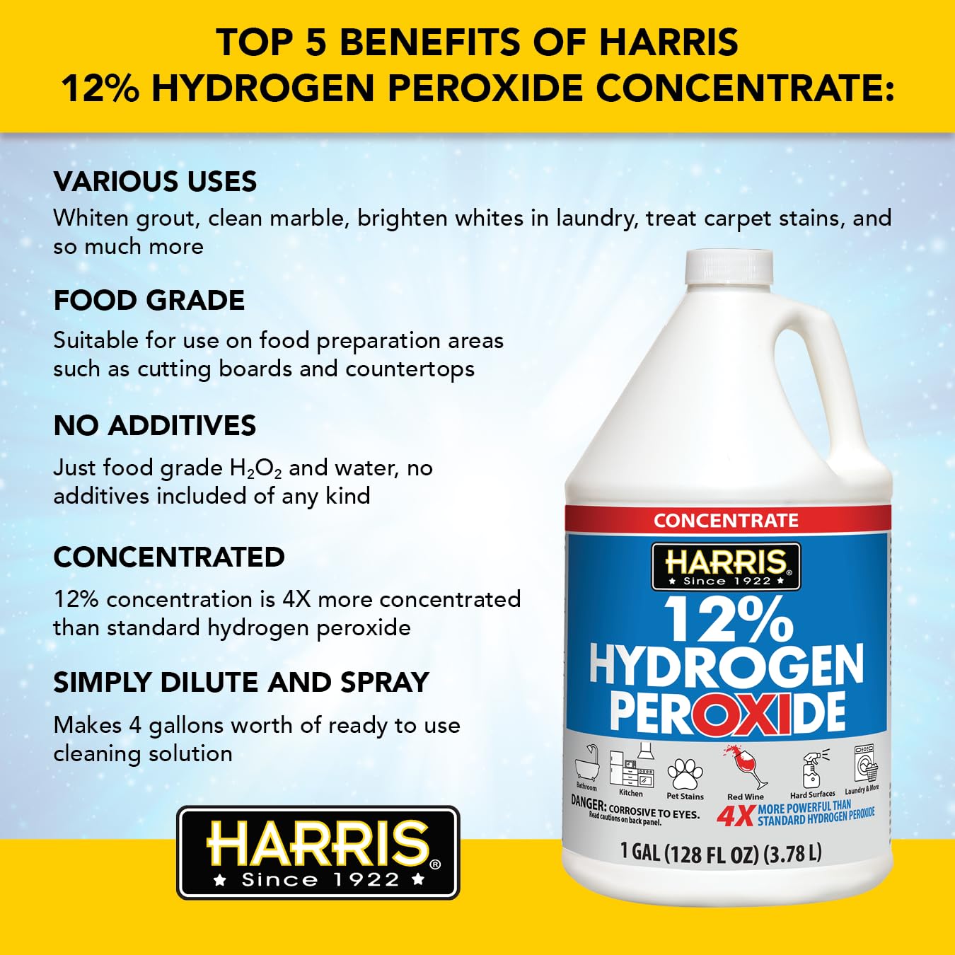 HARRIS 12% Concentrated Hydrogen Peroxide, 128oz, for Kitchen, Bath, Laundry, Home and Garden with Easy Fill Funnel