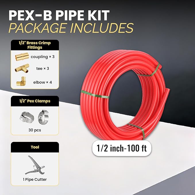1/2 Inch-100 ft Foskan Red PEX-B Pipe,Water Tubing with a Pipe Cutter,10 PCS Brass Crimp Fittings & 30 PCS Pex Clamps