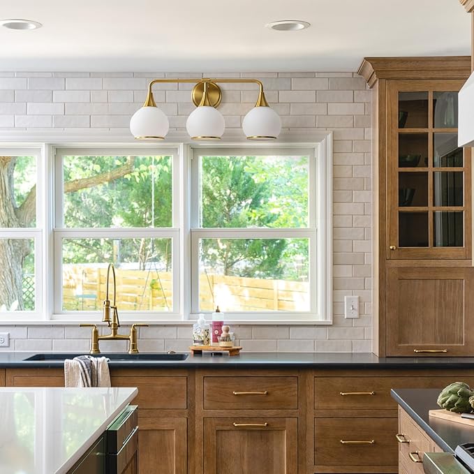 Brushed Gold Bathroom Light Fixtures 3-Lights Vanity Lights with Milky White Frosted Glass Shade Bathroom Vanity Light 22.4 inch Wall Sconce Lighting Bath(Exclude E26 Bulb)