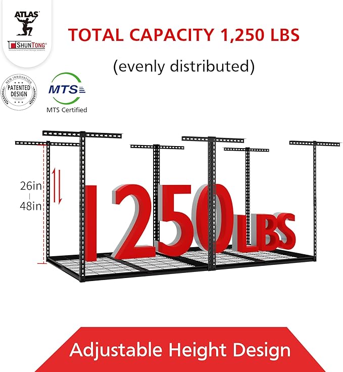 The Atlas Pro 4 x 8 ft Overhead Garage Storage Rack, Ultra Duty 1250lbs Weight Capacity, Adjustable Height 26"-48", Hammertone