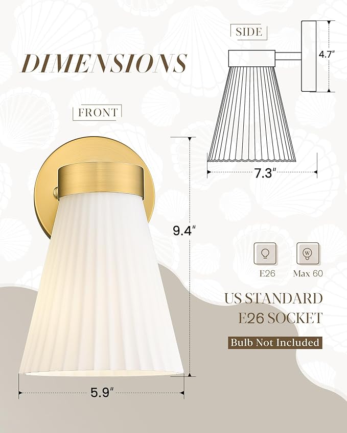 Gold Wall Sconce, HWH Single Wall Light Fixture Brushed Gold Wall Lamp with Frosted Milk White Striped Glass Shade, Modern Indoor Wall Sconce for Kitchen Bedroom Schoolhouse, 5HZG97B BG