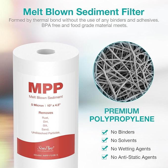 SimPure 5 Micron 10" x 4.5" Sediment and Carbon Water Filters Combo, Whole House Replacement Water Filter Cartridges for GE FXHTC, GXWH40L, WGB21B, FP15B, FC15B, 4-Pack Each