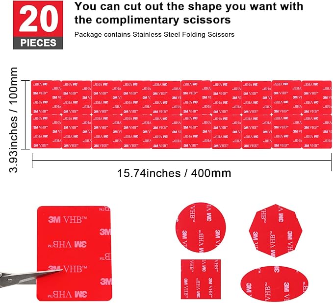 OAPRIRE 3M Double Sided Adhesive Tape Pads 20 PCS Multipurpose 3M VHB Sticky Adhesive Pads Replacement Mounting Tape with Stainless Steel Folding Scissors and Storage Box - 1.96 in x 1.57 in