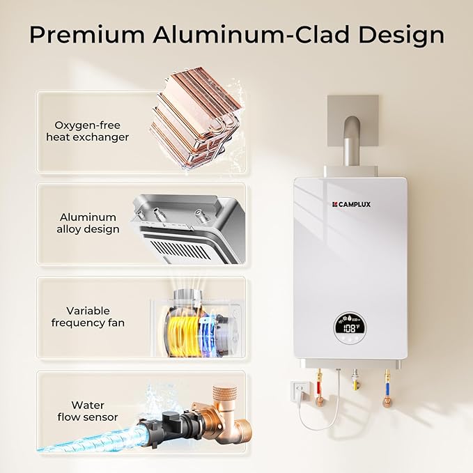 CAMPLUX Tankless Natural Gas Water Heater, 3.18 GPM On Demand Instant Water Heater, 82,000 BTU, White