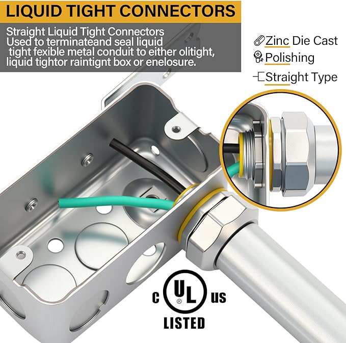 Gisafai 5 Pcs Liquid Tight Connector Straight Insulated Zinc Die Cast Metal Tight Electrical Conduit Fittings for 1 Inch Flexible and Type B Flexible