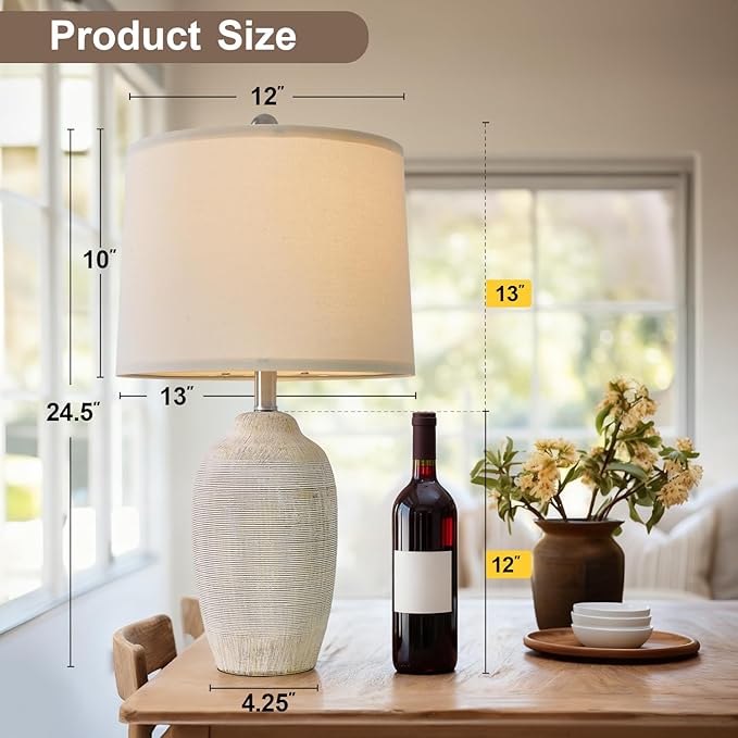 24 inch Vintage Ceramic Table Lamp - Single Farmhouse Rustic Bedside Lamp with Natural Textured Finish, Nightstand Lamps for Living Room, Bedroom, End Table